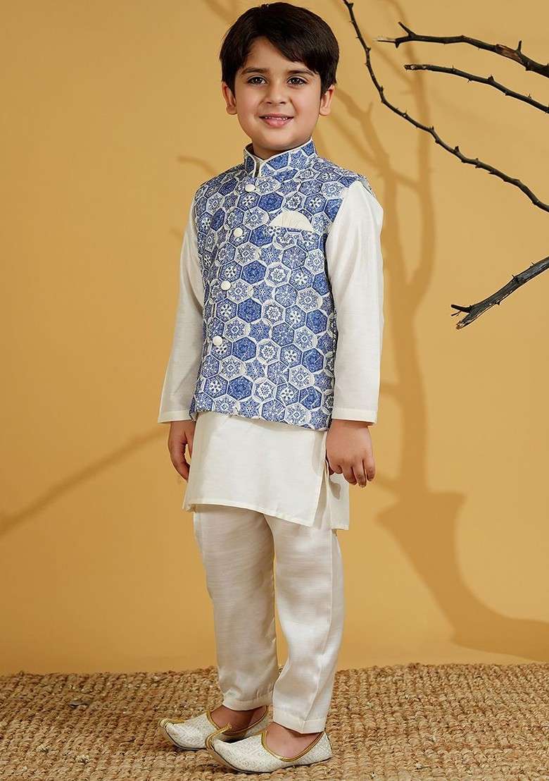 Cream Solid Blended Kurta Set For Boys - Indya
