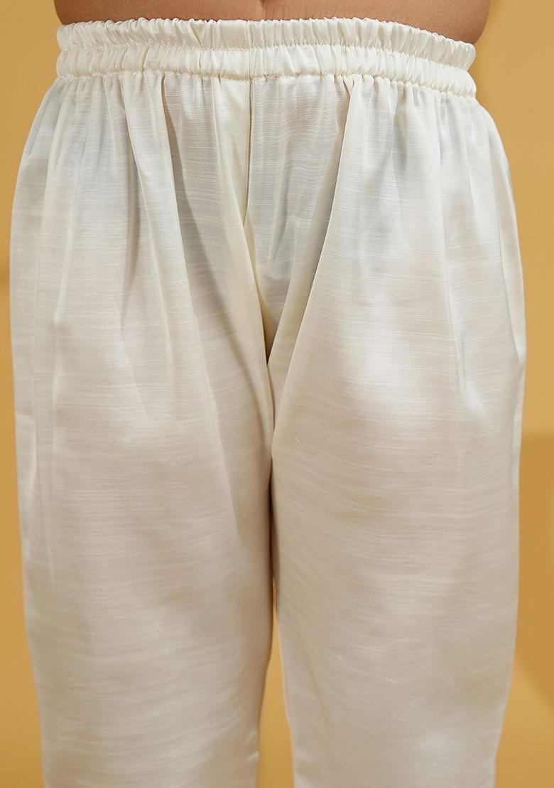 Cream Solid Blended Kurta Set For Boys - Indya