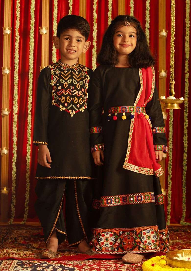 Black Embroidered Blended Kurta Dhoti Set For Boys - Indya