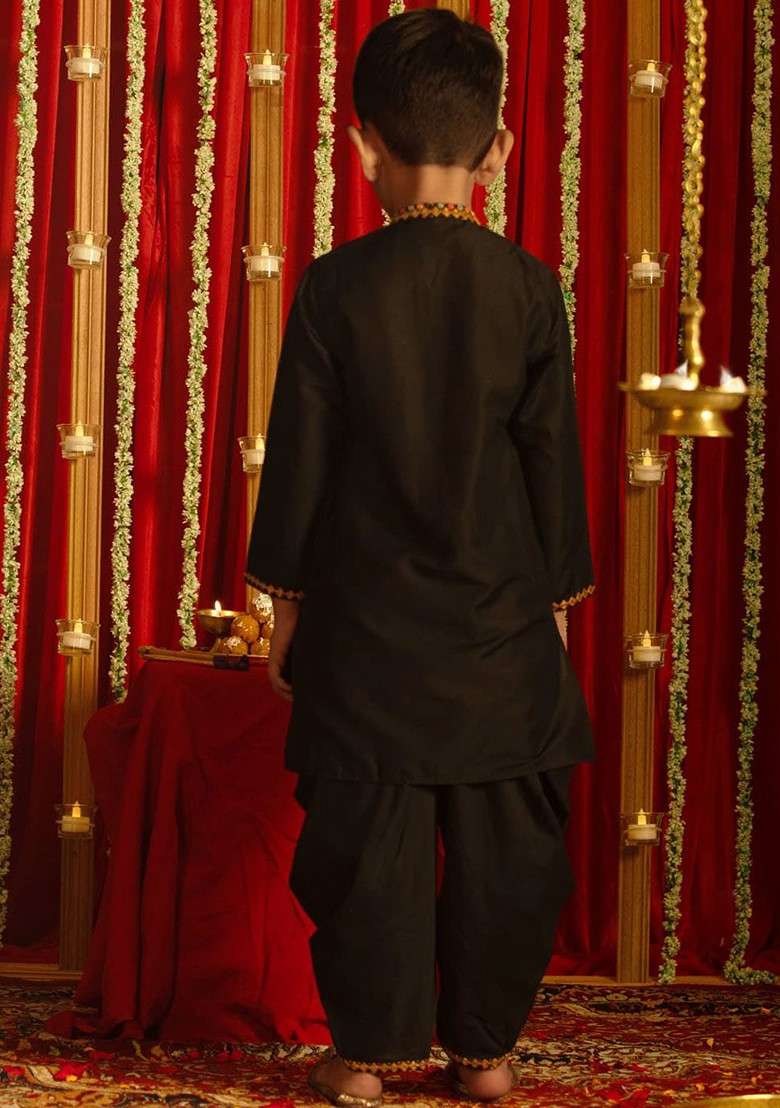 Black Embroidered Blended Kurta Dhoti Set For Boys - Indya