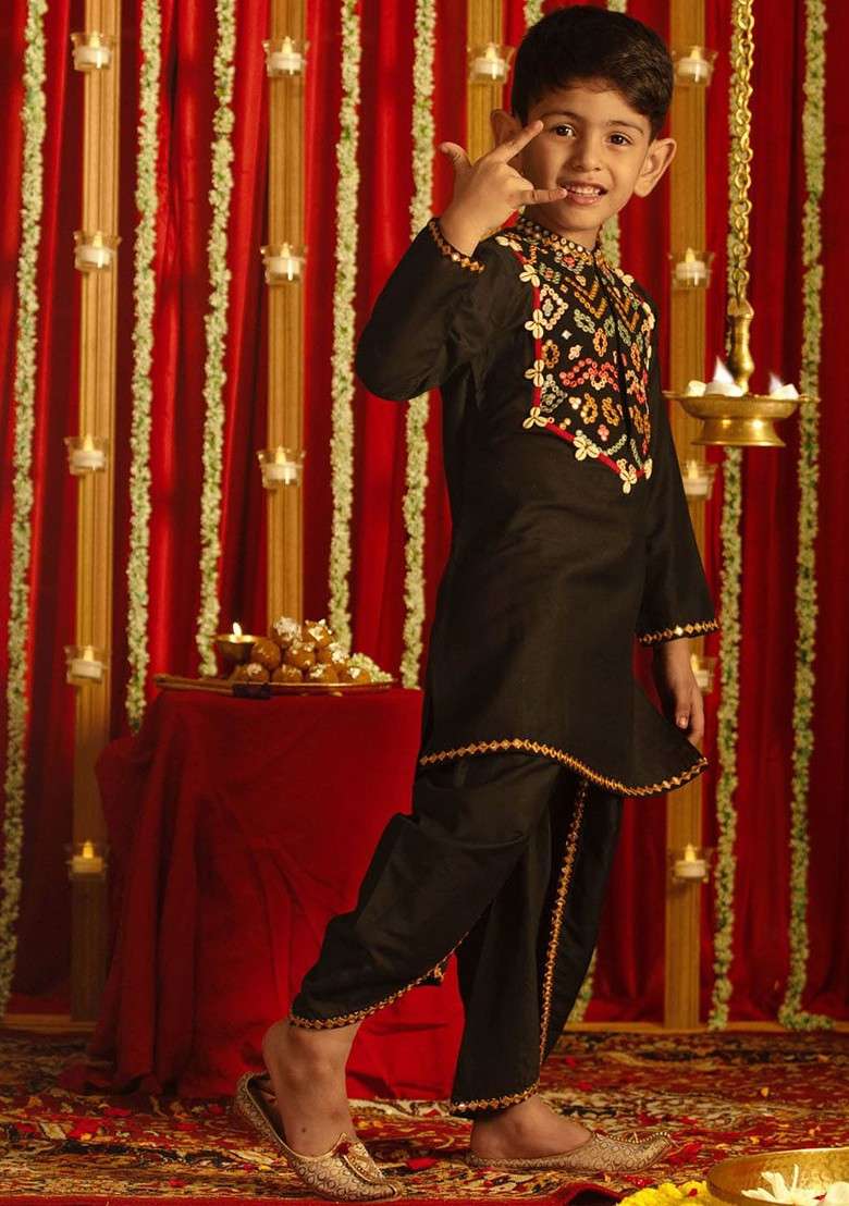 Black Embroidered Blended Kurta Dhoti Set For Boys - Indya