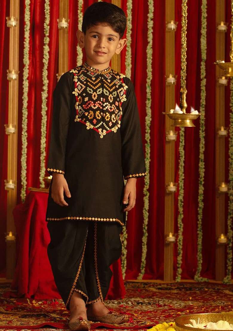 Black Embroidered Blended Kurta Dhoti Set For Boys - Indya
