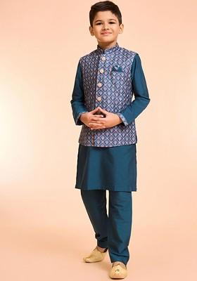 Blue Embroidered Silk Nehru Jacket Set For Boys