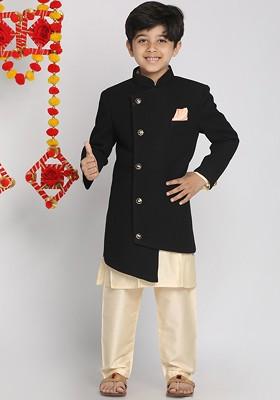 Black Solid Blended Kurta Set For Boys