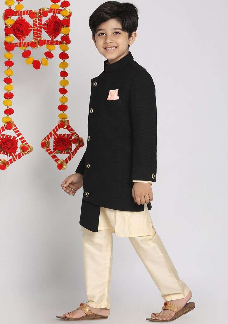 Black Solid Blended Kurta Set For Boys - Indya