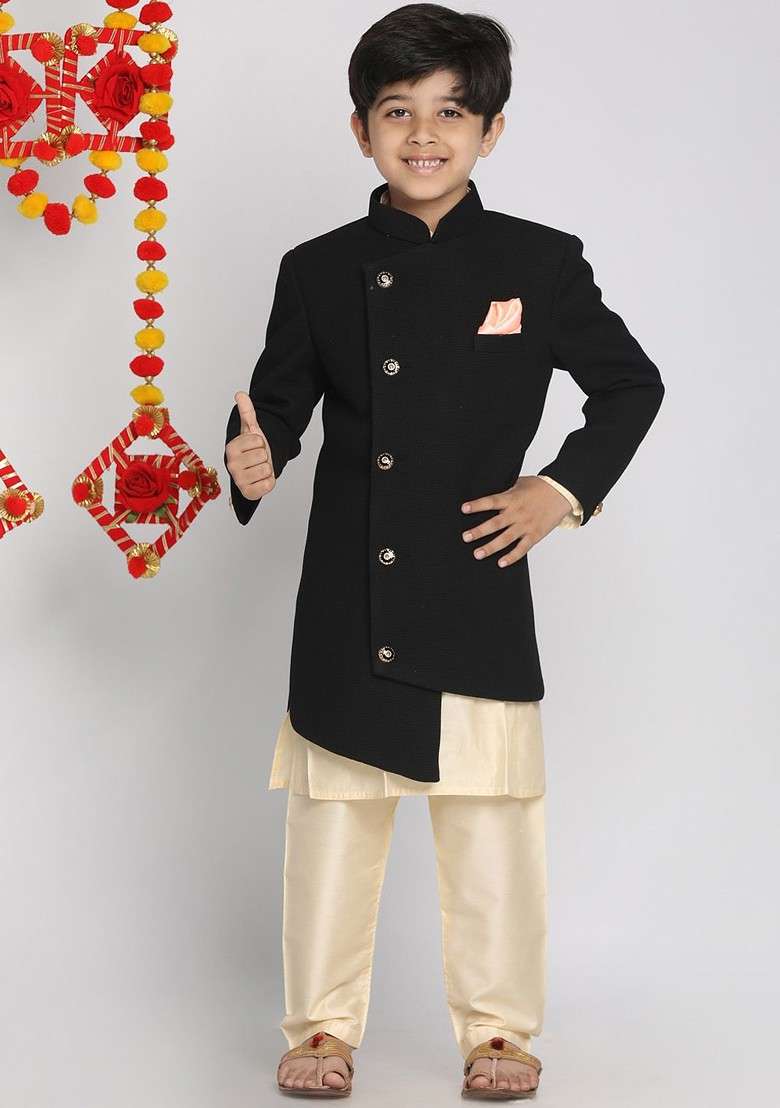 Black Solid Blended Kurta Set For Boys - Indya