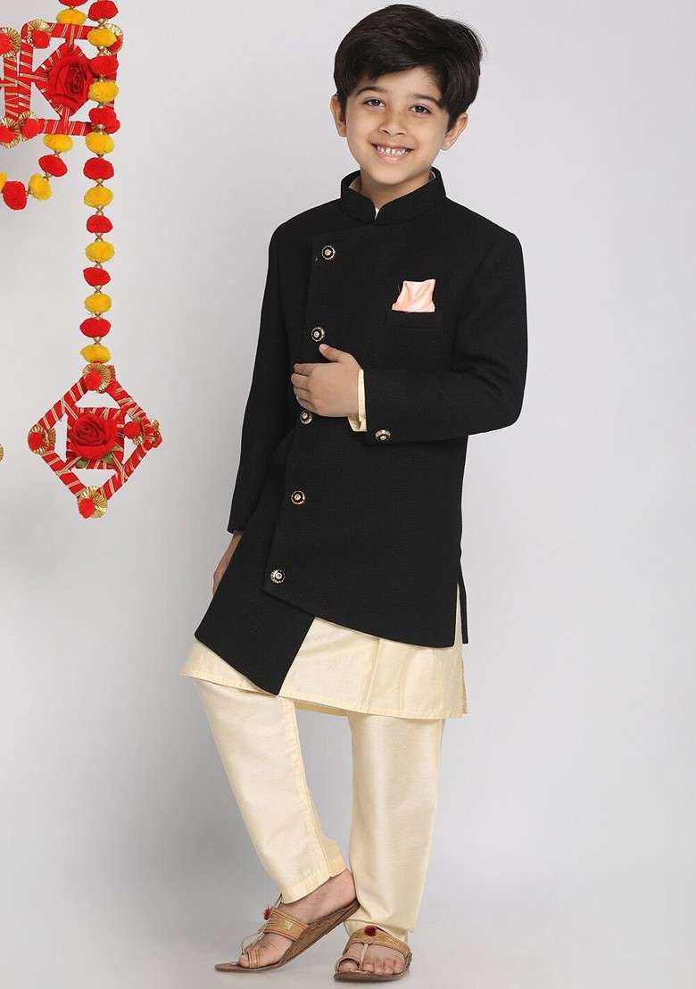 Black Solid Blended Kurta Set For Boys - Indya