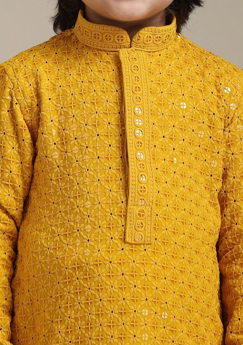 Mustard Embroidered Blended Kurta Set For Boys - Indya