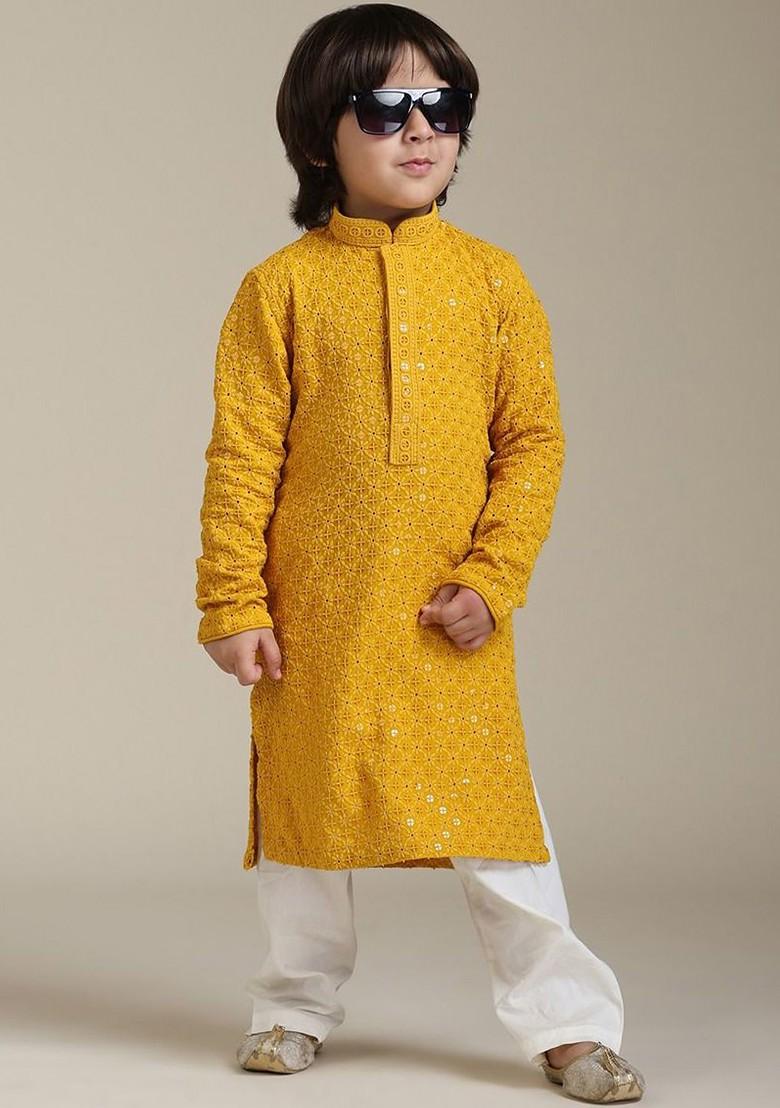 Mustard Embroidered Blended Kurta Set For Boys - Indya