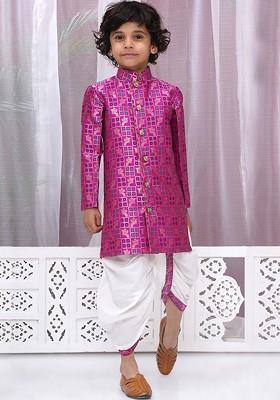 Magenta Woven Design Cotton Kurta Dhoti Set For Boys