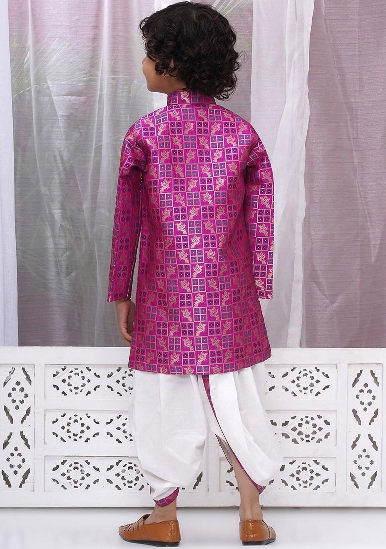 Magenta Woven Design Cotton Kurta Dhoti Set For Boys - Indya