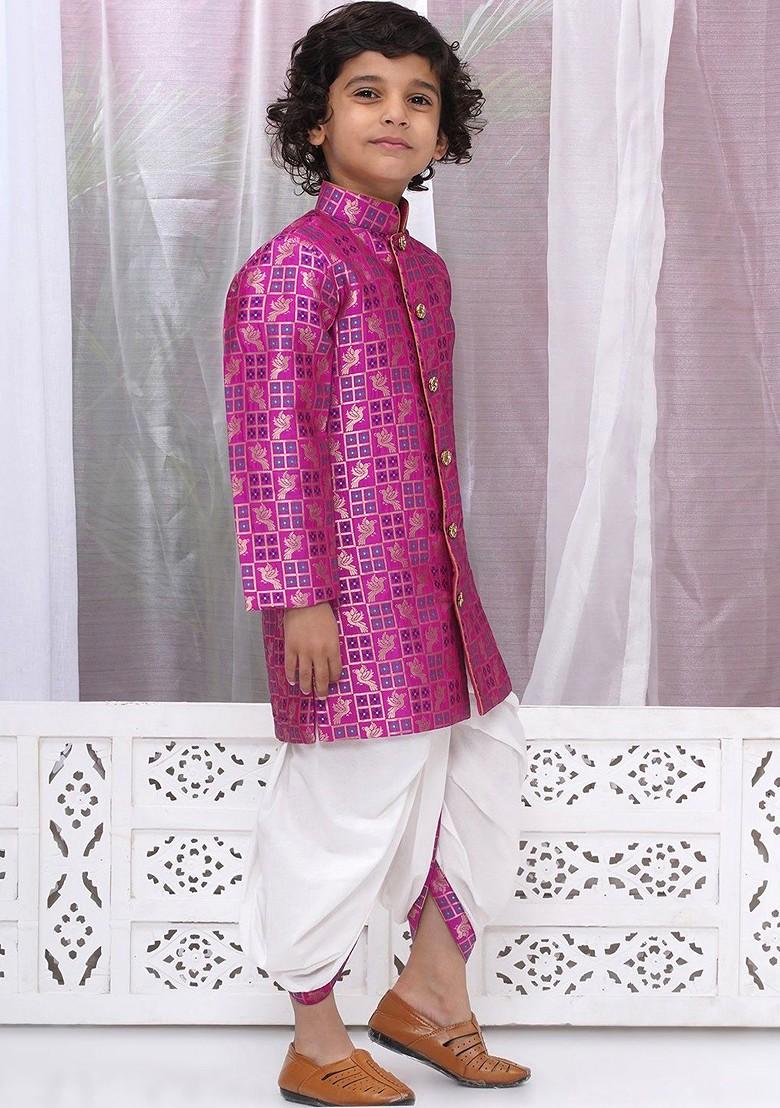 Magenta Woven Design Cotton Kurta Dhoti Set For Boys - Indya