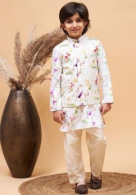Cream Printed Blended Kurta Set For Boys