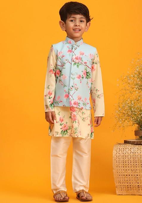Beige Printed Blended Nehru Jacket Set For Boys — view on Indya