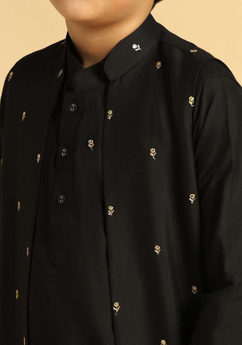 Black Embroidered Blended Kurta Set For Boys - Indya