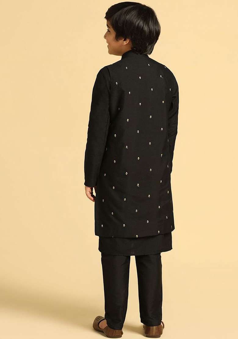 Black Embroidered Blended Kurta Set For Boys - Indya