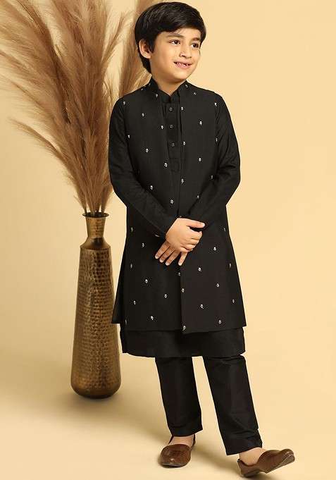 Black Embroidered Blended Kurta Set For Boys