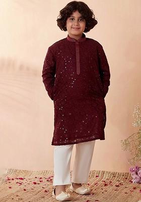 Maroon Embroidered Blended Kurta Set For Boys