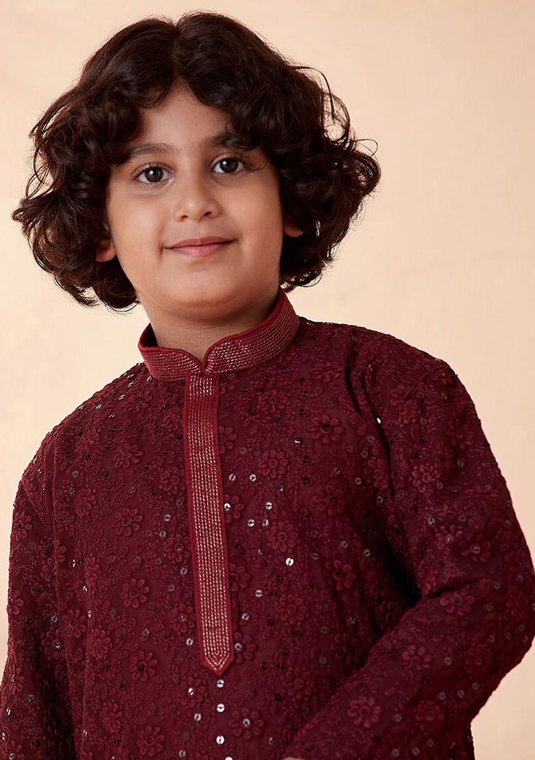 Maroon Embroidered Blended Kurta Set For Boys - Indya