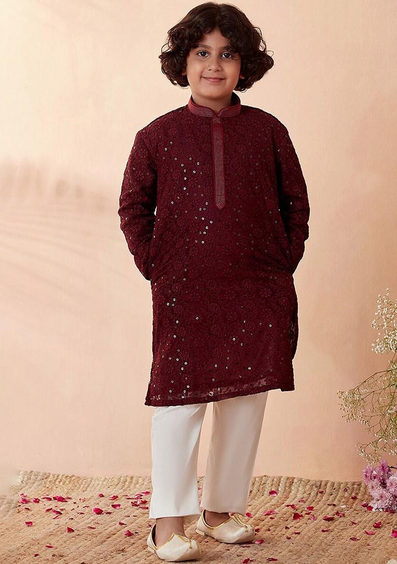 Maroon Embroidered Blended Kurta Set For Boys - Indya