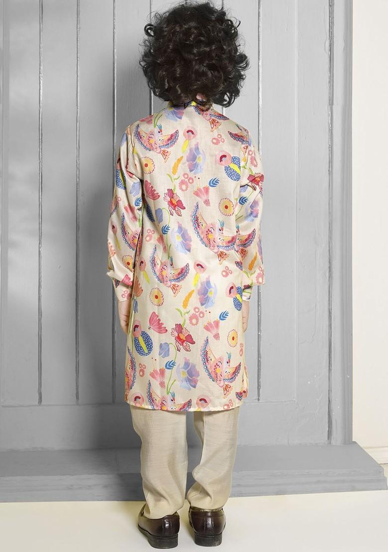 Cream Printed Blended Kurta Set For Boys - Indya