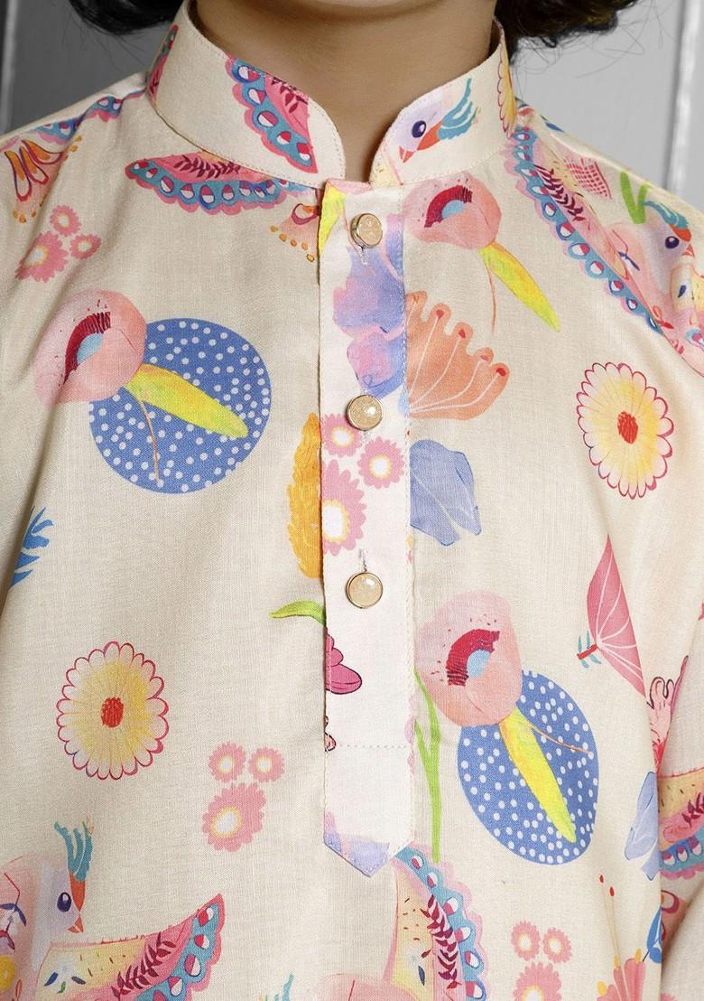 Cream Printed Blended Kurta Set For Boys - Indya