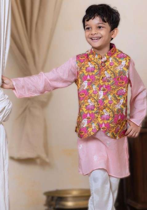 Pink Embroidered Blended Kurta Set For Boys