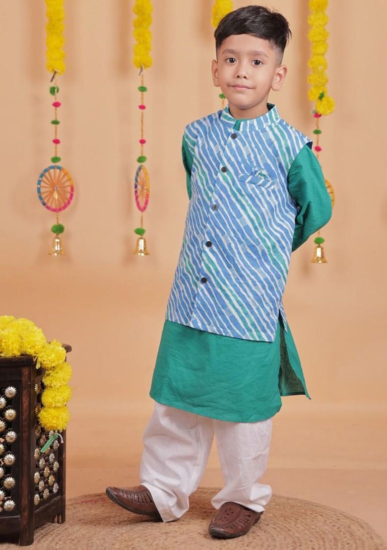 Green Solid Cotton Nehru Jacket Set For Boys - Indya