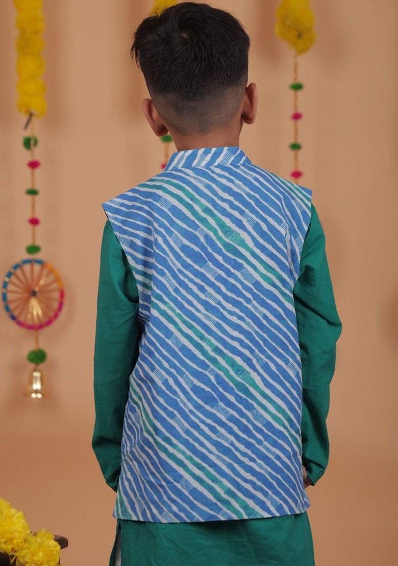 Green Solid Cotton Nehru Jacket Set For Boys - Indya