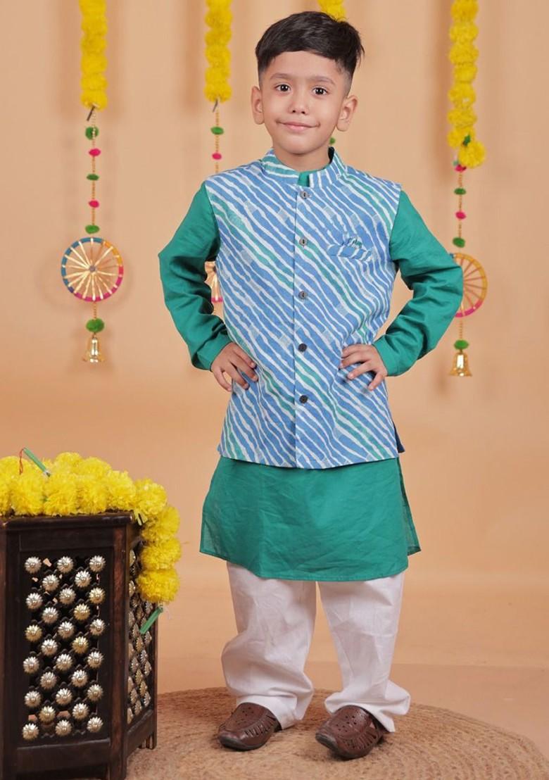 Green Solid Cotton Nehru Jacket Set For Boys - Indya