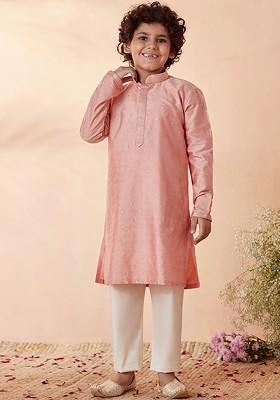 Pink Embroidered Blended Kurta Set For Boys