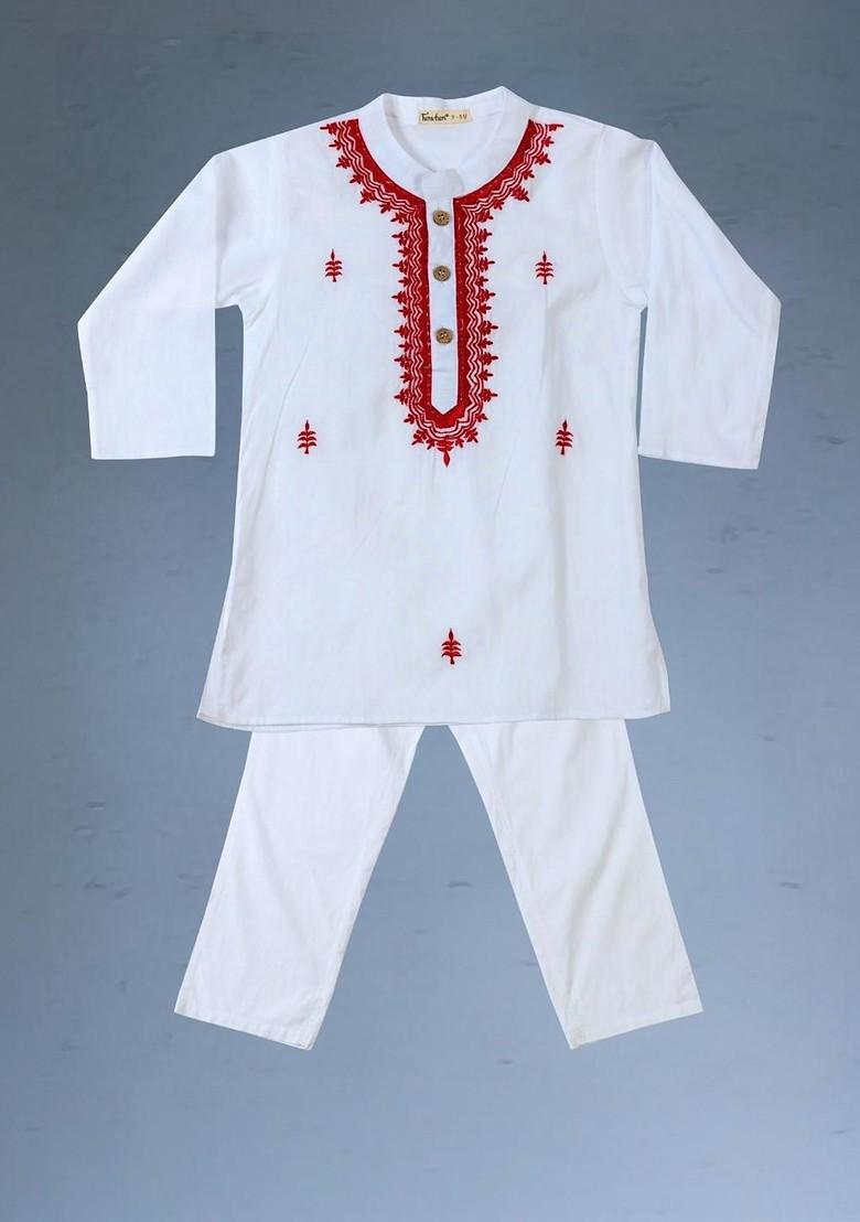 White Embroidered Blended Kurta Set For Boys - Indya