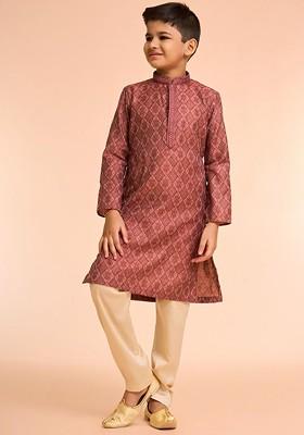 Maroon Woven Design Blended Kurta Set For Boys