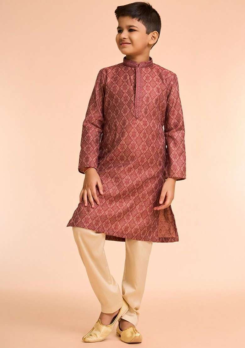 Maroon Woven Design Blended Kurta Set For Boys - Indya