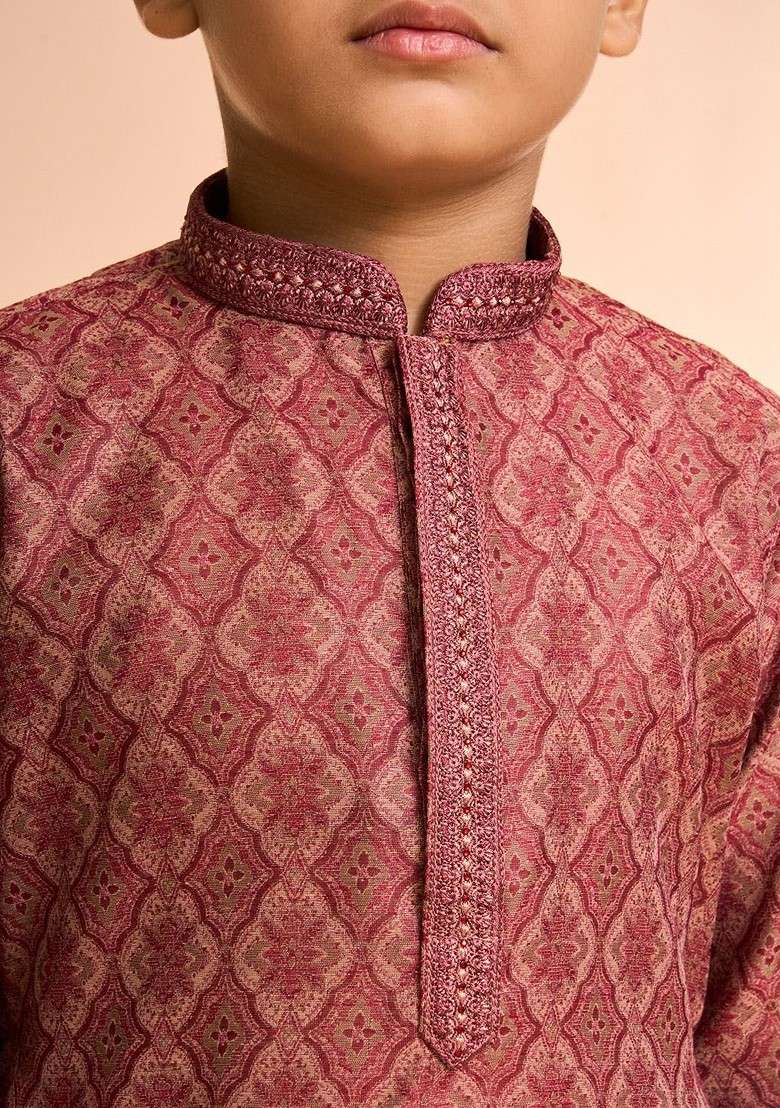 Maroon Woven Design Blended Kurta Set For Boys - Indya