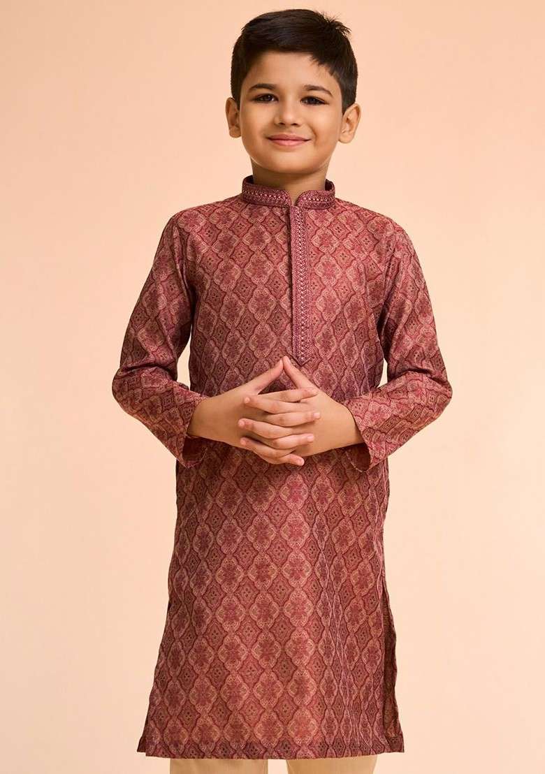 Maroon Woven Design Blended Kurta Set For Boys - Indya
