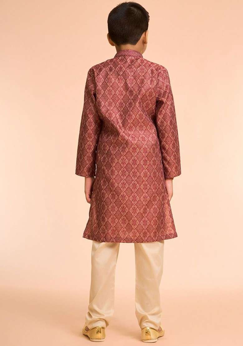 Maroon Woven Design Blended Kurta Set For Boys - Indya