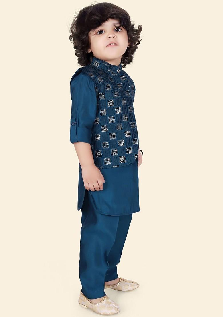 Teal Sequinned Silk Nehru Jacket Set For Boys - Indya