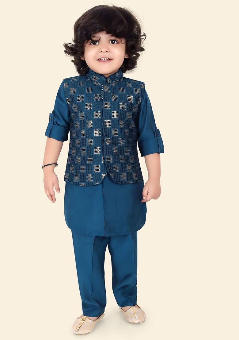Teal Sequinned Silk Nehru Jacket Set For Boys - Indya