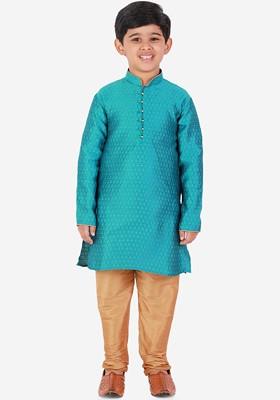 Turquoise Blue Embroidered Blended Kurta Set For Boys