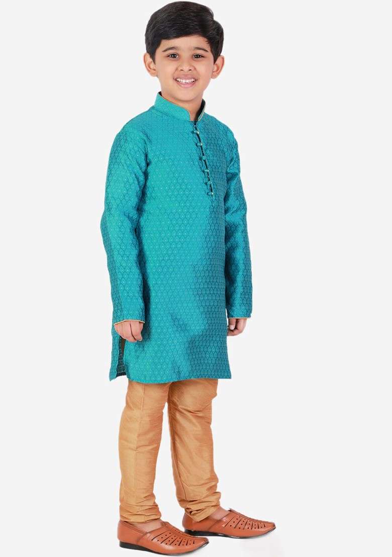 Turquoise Blue Embroidered Blended Kurta Set For Boys - Indya