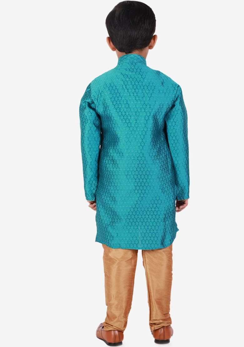Turquoise Blue Embroidered Blended Kurta Set For Boys - Indya