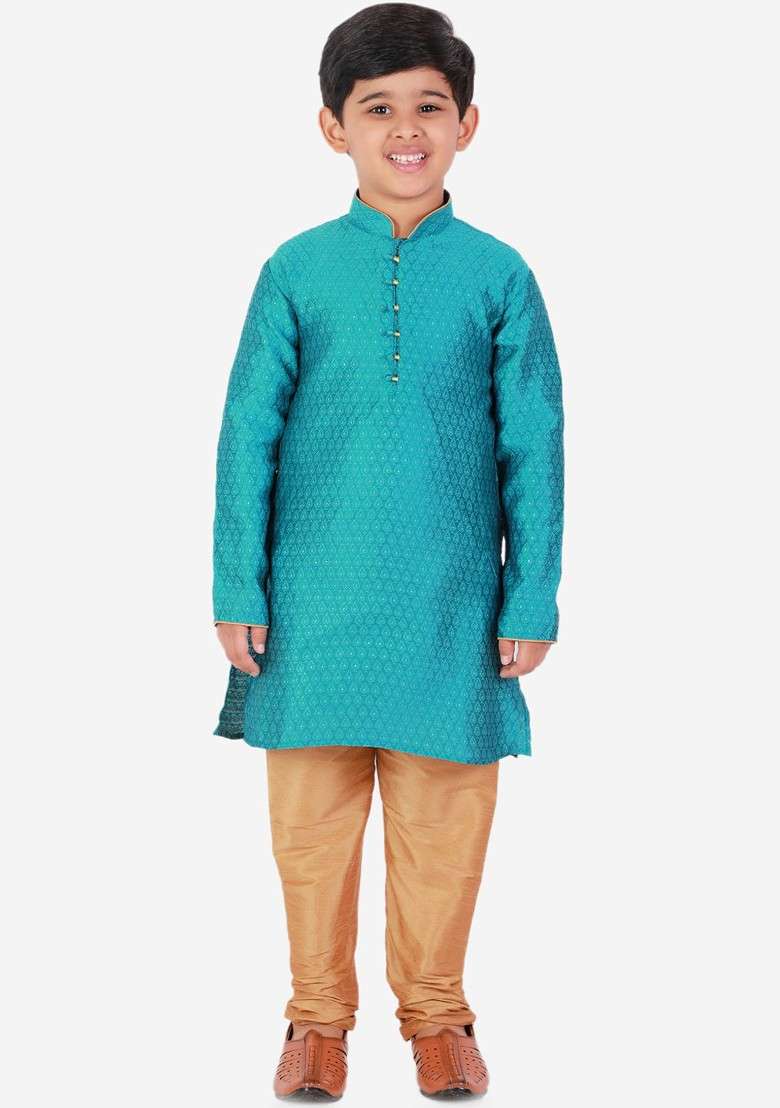 Turquoise Blue Embroidered Blended Kurta Set For Boys - Indya