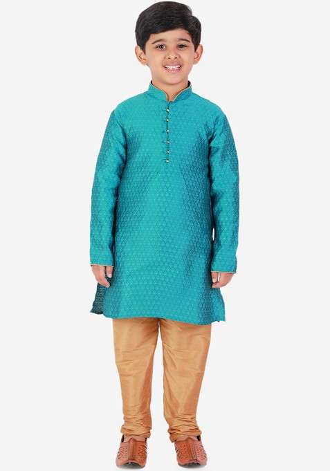 Turquoise Blue Embroidered Blended Kurta Set For Boys