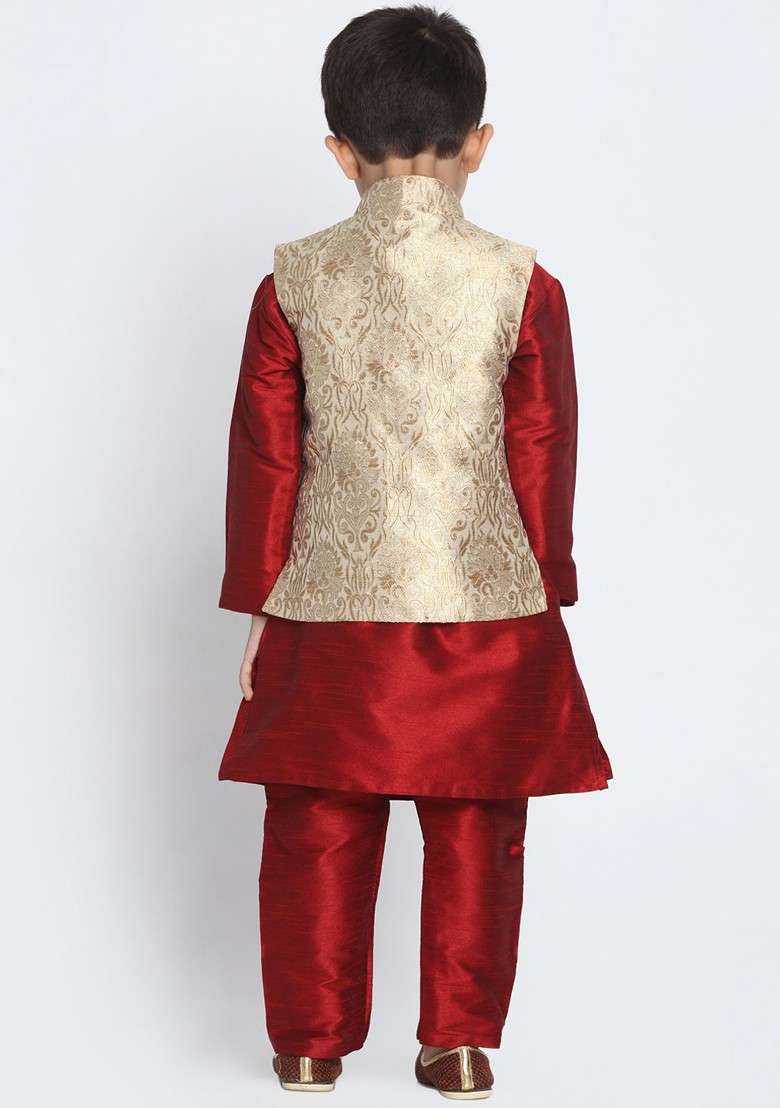 Maroon Solid Blended Kurta Set For Boys - Indya
