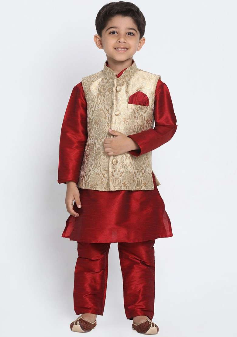 Maroon Solid Blended Kurta Set For Boys - Indya