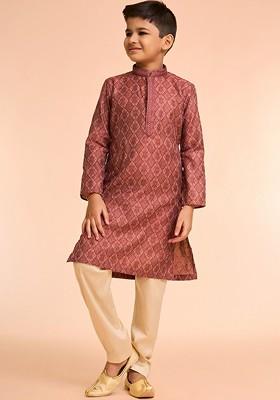 Maroon Printed Blended Kurta Set For Boys
