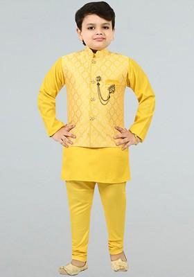 Yellow Embroidered Silk Kurta Set For Boys