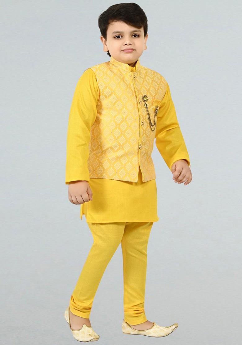 Yellow Embroidered Silk Kurta Set For Boys - Indya