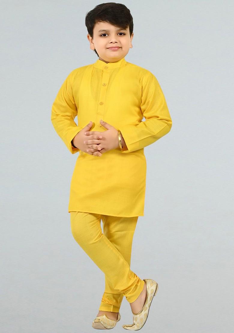 Yellow Embroidered Silk Kurta Set For Boys - Indya